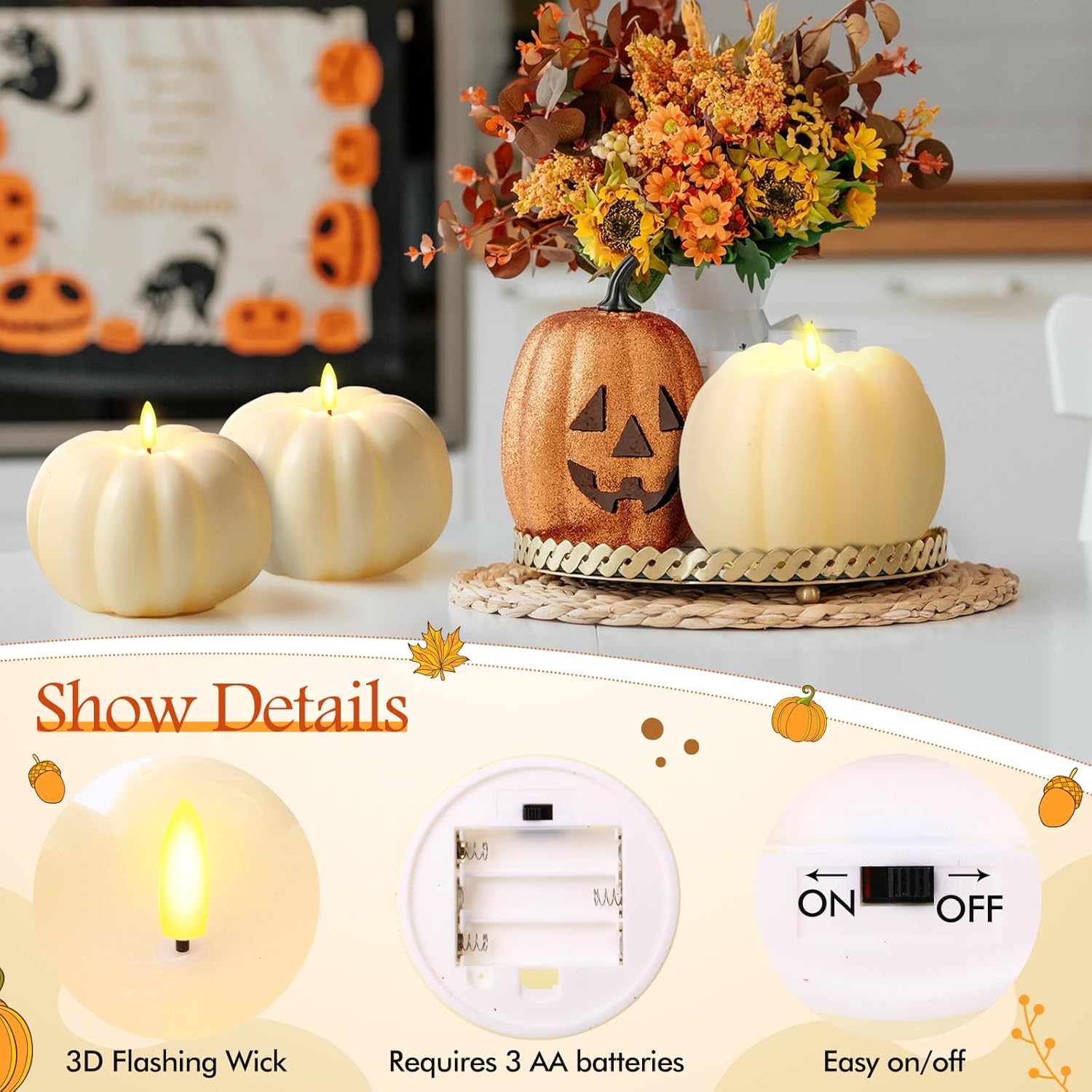 Retisee 3 Pcs Flameless Thanksgiving LED Candle Fall Light up Pumpkin Flameless Candles with Timer Remote Control, 4" 6" h Autumn Farmhouse Rustic Harvest Decor for Home Party (White)