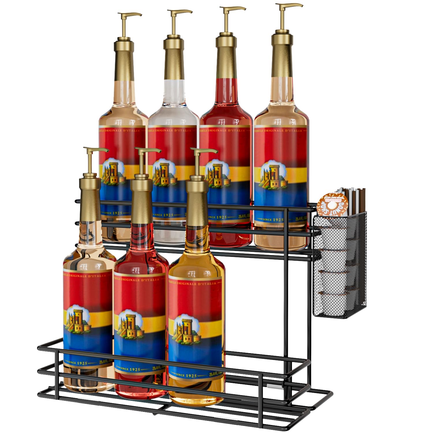 Ovicar Porte-sirop pour café - Support à 8 bouteilles de sirop pour bar à café, station de café, accessoire avec panier à capsules de café en paille, 2 niveaux, plan de travail de cuisine pour le