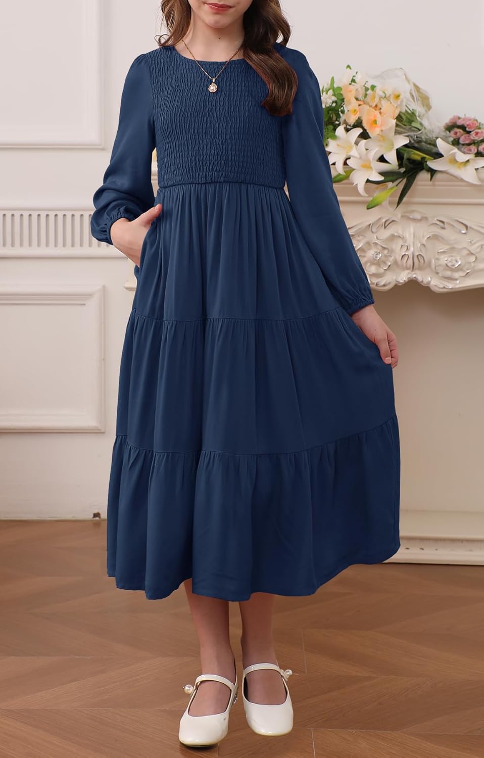 MITILLY Girls Boho Midi Dress Puff Long Sleeve Crew Neck High Waist Smocked Tiered Casual Long Dress with Pockets - Image 4