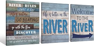 River Rules Welcome To The River Life is Better On The River Canvas Wall Art Prints Artwork Signs Framed for Home Lake House Cabin Porch Wall Decor, 3 Pieces 11X14 inch, Friends Family Campers Gift