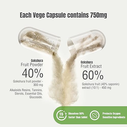 Miniatura 2 de Gokshura Cápsulas – Tribulus Terrestris – Saponina 30% – Apoyo urinario Resistencia y Energía Masculina – 60 Cápsulas Vege – 750 mg cada una