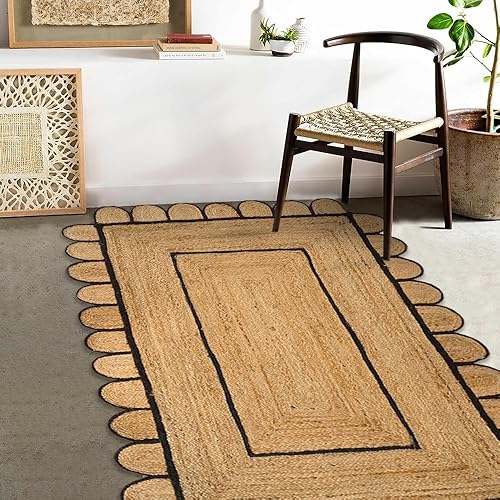 Miniatura 9 de GRUHUM Alfombra de yute festoneado de 4 x 6 pies, base natural, ribete negro, tejida a mano, estilo bohemio, reversible, suave, trenzada, para
