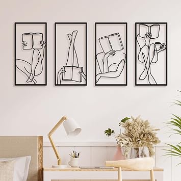 Bakovity Black Metal Wall Art, Minimalist Line Wall Decor, Abstract Woman Book Wall Decor, Modern Aesthetic Metal Art for Bedroom Bathroom Living Room 4 Pcs, 17 x 9 in