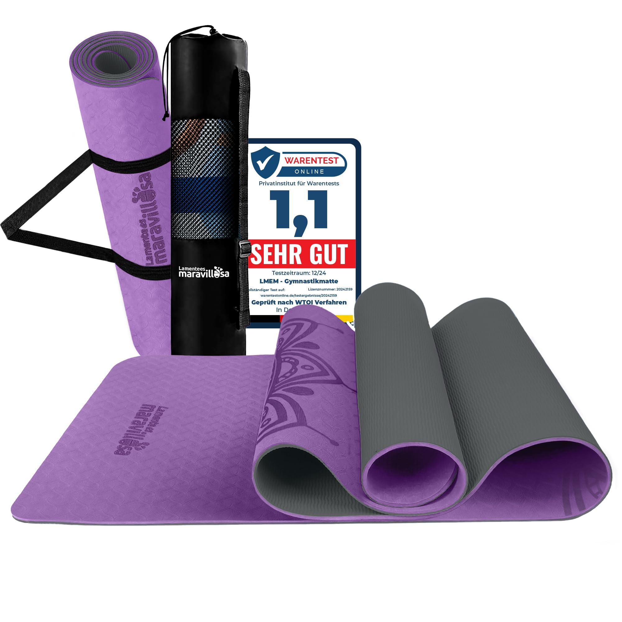 LA MENTE ES MARAVILLOSA - Gymnastikmatte, Rutschfest Yogamatte inkl. Tragegurt + Tasche + Übungs-E-Book, Gepolstert, Hautfreundliches TPE für Fitness/Pilates/Workout 183x61 cm (Mandala, Lila/Schwarz)