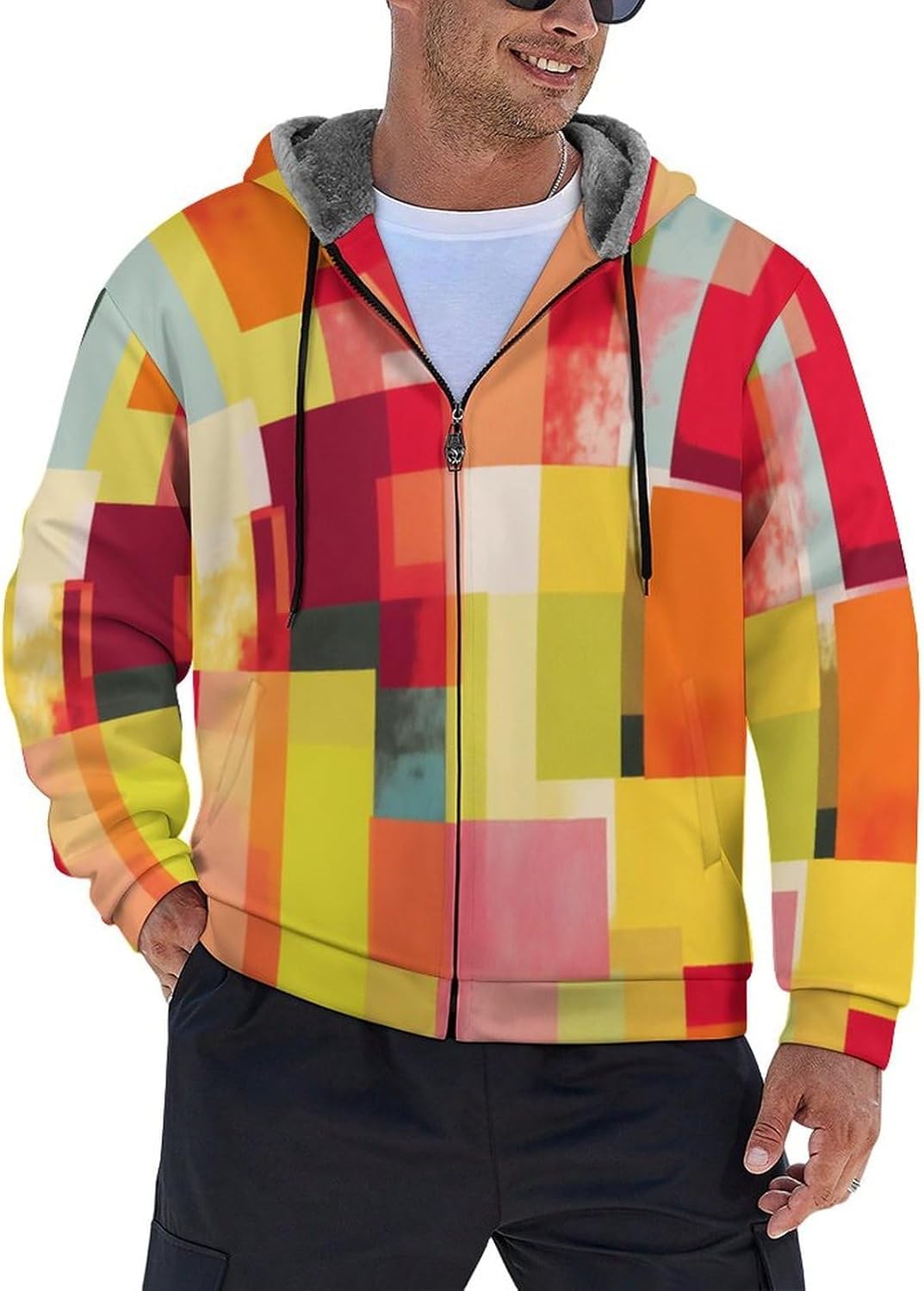 Outdoor 3D Printed Abstract rectangle Fleece Jacket with Hood and Pockets,Thick Warm Coat,Zip Up Plus Size