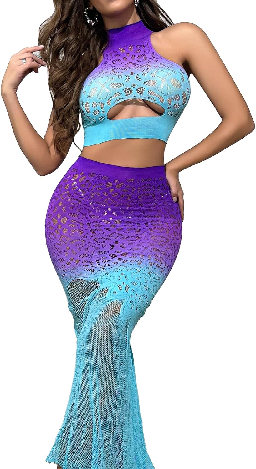 Lingerie for Women Babydoll Sexy Night Gowns Lace Halter Tank Top and Mermaid Skirt Suit See Through Bikini Cover Up