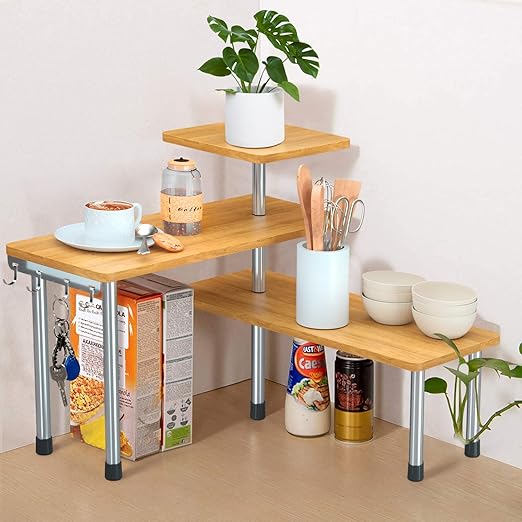 Jolitac 3 Tier Kitchen Corner Shelf Desktop Bamboo Shelving Organiser