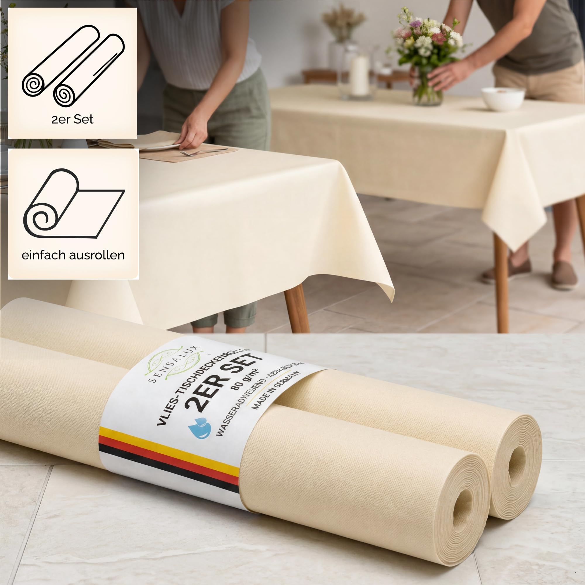 Sensalux Vlies Tischdeckenrolle 2er Set 1,18 x 25 m Weiß, 80 g/m² | abwaschbar, wasserabweisend, stoffähnliche Tischdecke Rolle, OEKO-TEX, Party, Catering, Gastro