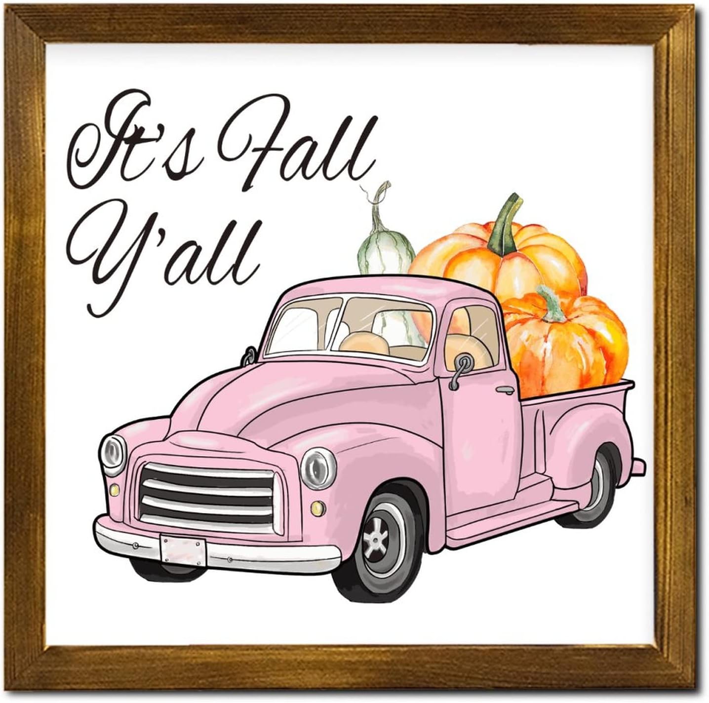 It's Fall Y'all Plaid Pumpkin Pink Truck Wood Framed Signs Maple Leaves Hanging Wall Art Classic Autumn Harvest Wall Decor Hanging Plaque Sign for Living Room Bedroom Dining Room 12x12 inch