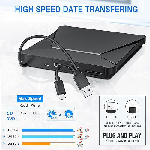 Miniatura 3 de Unidad de DVD externa, USB 3.0 Tipo-C portátil CD DVD Drive Burner Player Reader Writer con 2 puertos USB 3.0 y ranuras para tarjetas TFSD, unidad