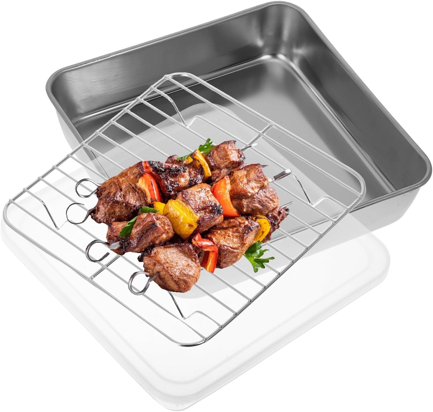 Rectangular Stainless Steel Roasting Pan with Cooling Rack and Lid, 20x20x5cm Oven-safe Grill Basket for Baking Meat, Vegetable Bbq, and Freezer Storage