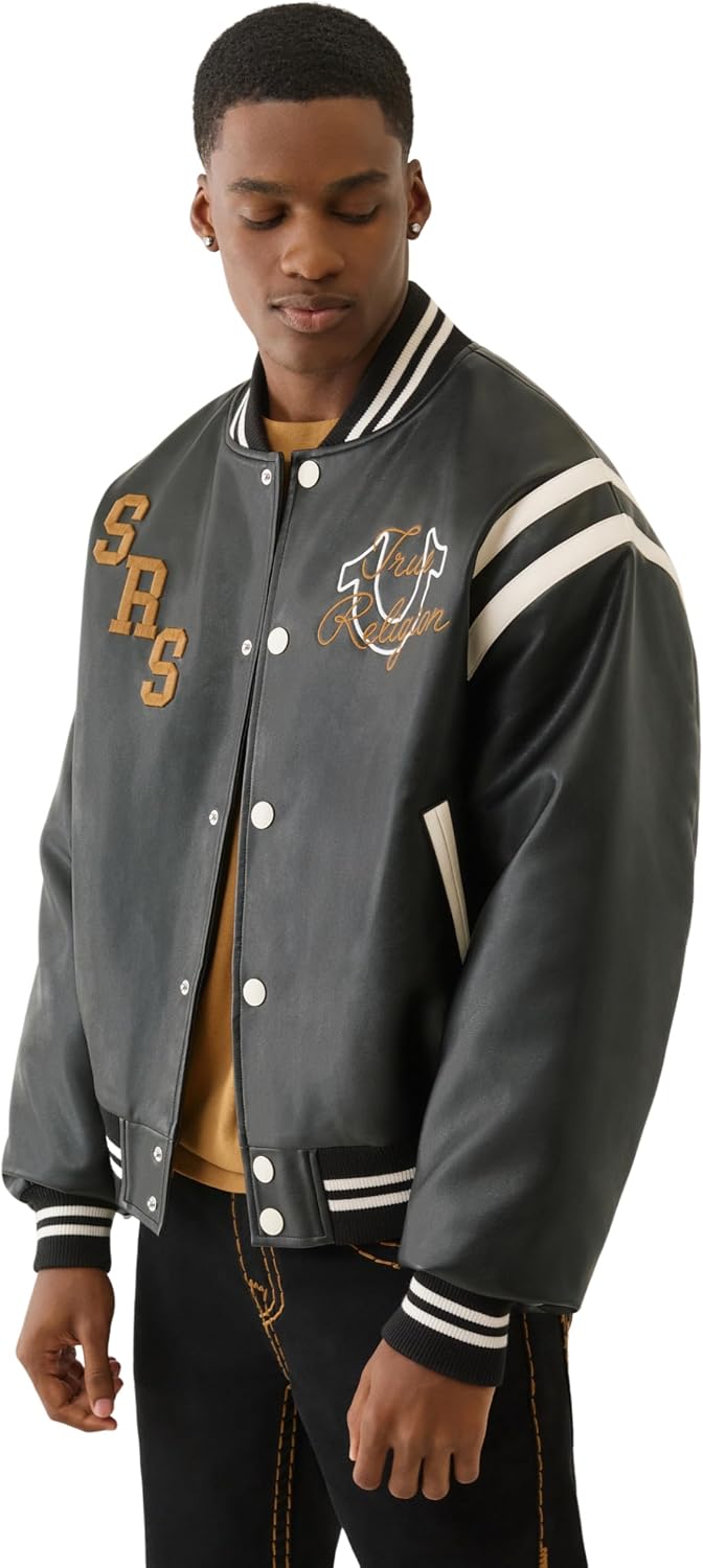 True Religion Men's Retro PU Varsity Jacket – Faux Leather Letterman Bomber with Logo Patches
