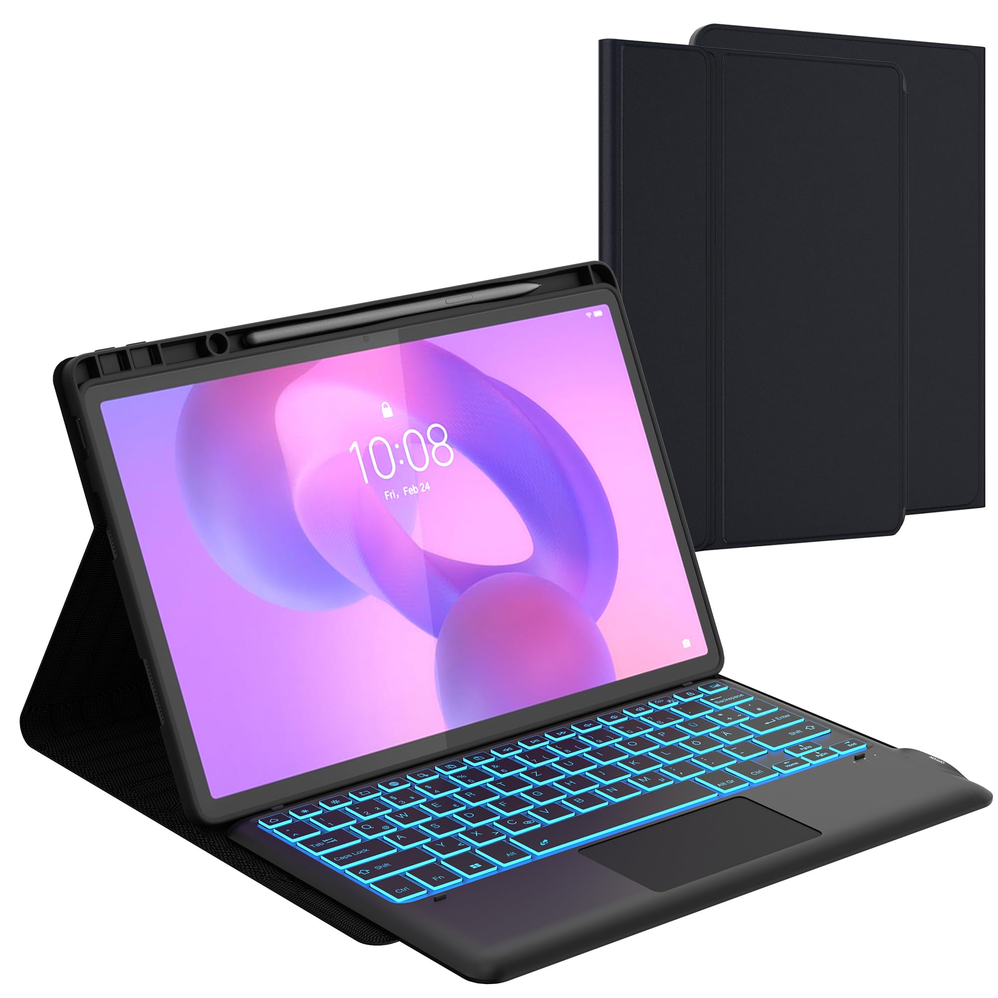Für Lenovo Idea Tab Pro Tablet 12.7" Hülle mit Tastatur - 7 Farben Beleuchtung Abnehmbare Trackpad Cover - Beleuchtete Deutsches QWERTZ Layout Tastatur mit Stifthalter für Lenovo Idea Tab Pro 2025