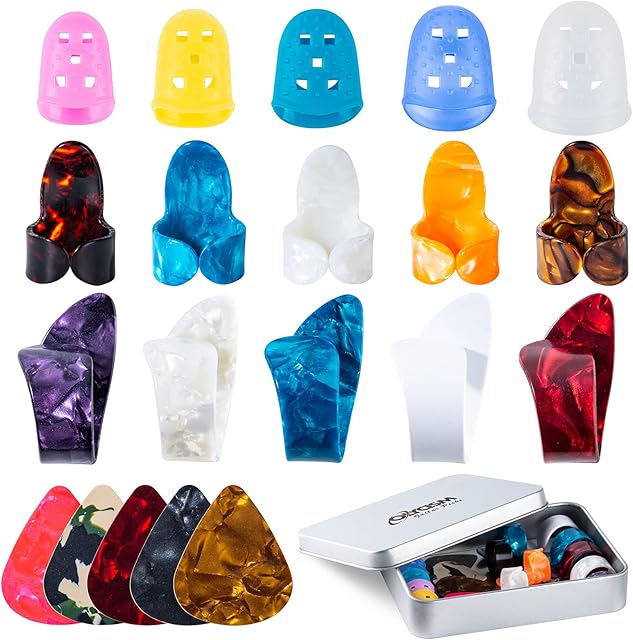 Olycism Guitar Picks Accessories with Pick Holder Varisized Silicone Fingers Picks Protectors & 0.46mm Picks 5 PCS Each & 10 PCS Guitar Thumb Finger Picks for Acoustic Electric Guitar Bass Ukulele