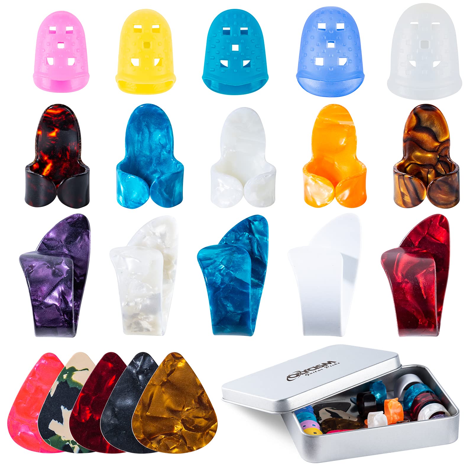 Guitar Picks Accessories with Pick Holder Varisized Silicone Fingers Picks Protectors & 0.46mm Picks 5 PCS Each & 10 PCS Guitar Thumb Finger Picks for Acoustic Electric Guitar Bass Ukulele