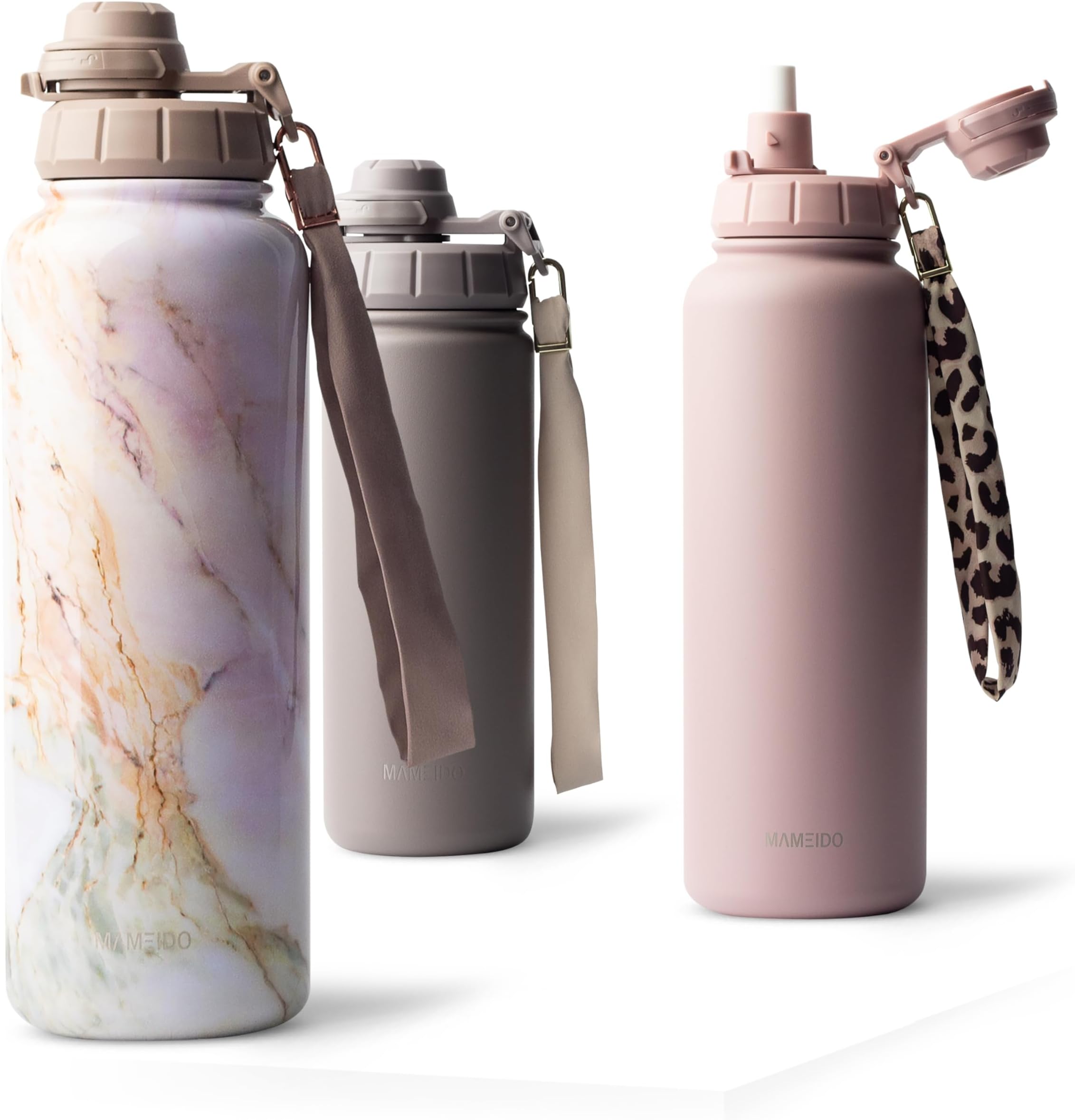 MAMEIDO Insulated Water Bottle with Straw 500 ml, Leak-Proof & BPA-Free Thermo Drinks Bottle, Stainless Steel Sports Water Bottle (Pearl Marble)