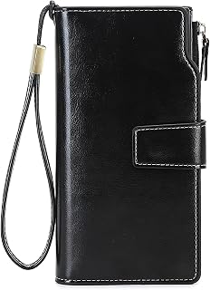 Womens Wallet Leather RFID Blocking Long Purse Large Capacity Card Holder Organizer Trifold Ladies Phone Clutch (Black)
