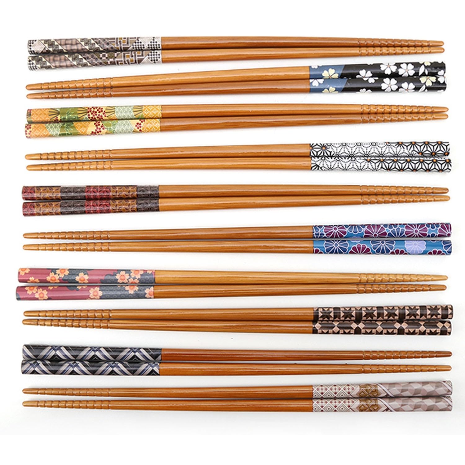Lot de 10 Baguettes japonaises Doubles réutilisables en Bambou antidérapant de 22,5 cm