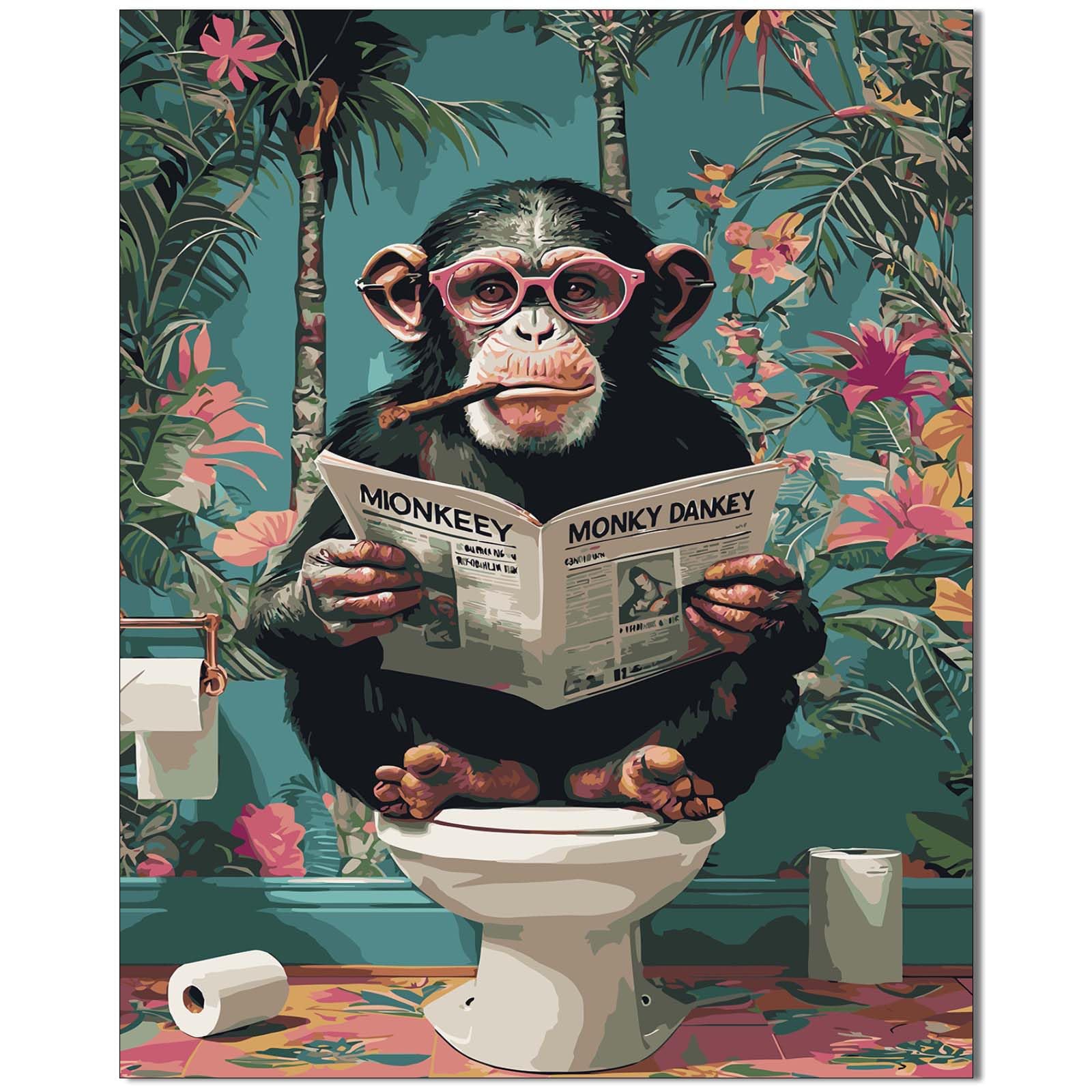Qiukoo Malen nach Zahlen Erwachsene – Lustiges Affenmotiv auf Toilette, 40x50 cm Ohne Rahmen – DIY Malset für Erwachsene & Anfänger, Entspannendes Bastelset mit Zahlenfeld, Geschenk & Deko