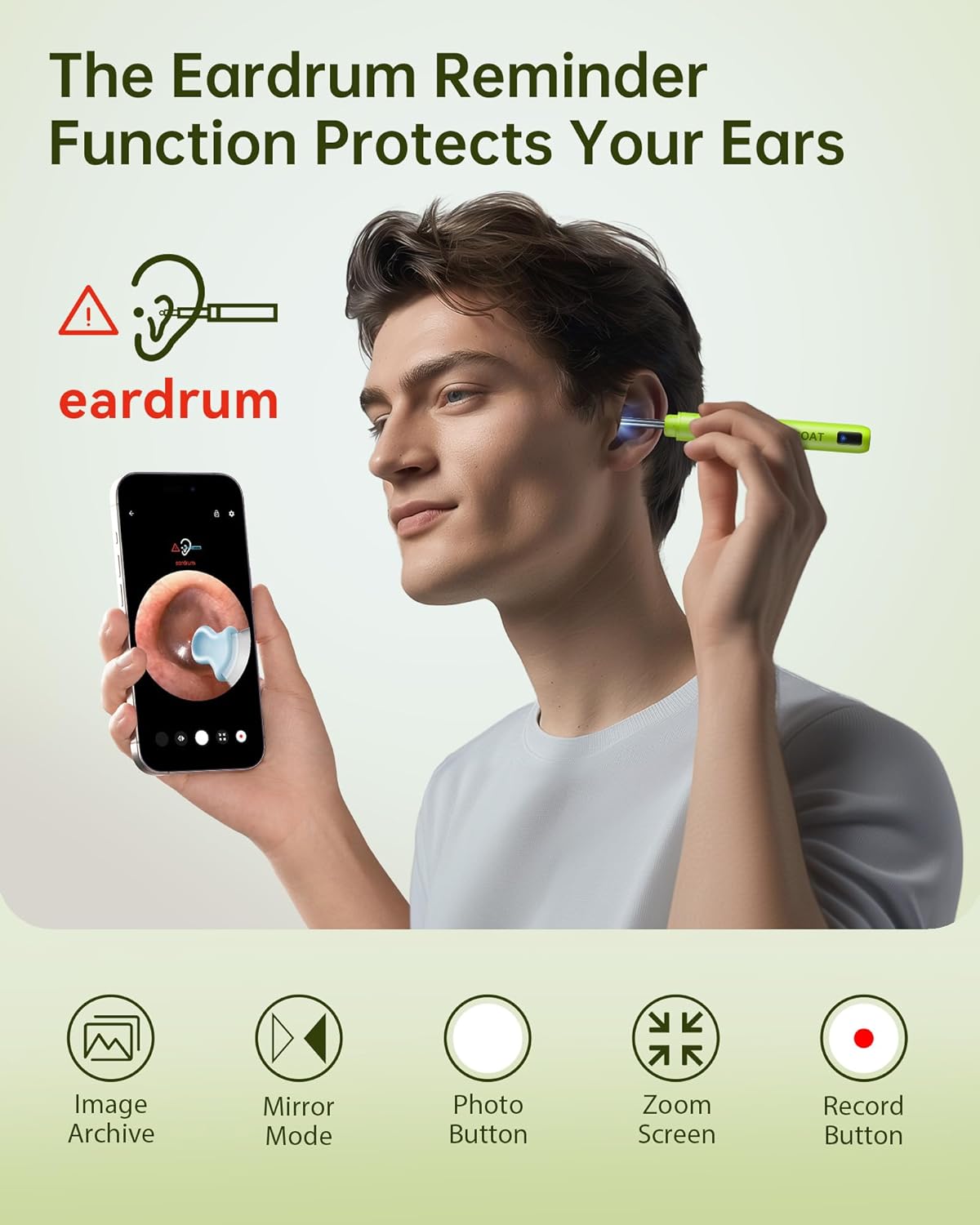 Jegoat Ear Wax Removal, Ear Wax Removal Tool Camera with 1296P HD Camera and 6 LED Lights, Ear Cleaner with 10 Ear Pick, Upgraded Ear Wax Removal Kit for iOS and Android, Light Green