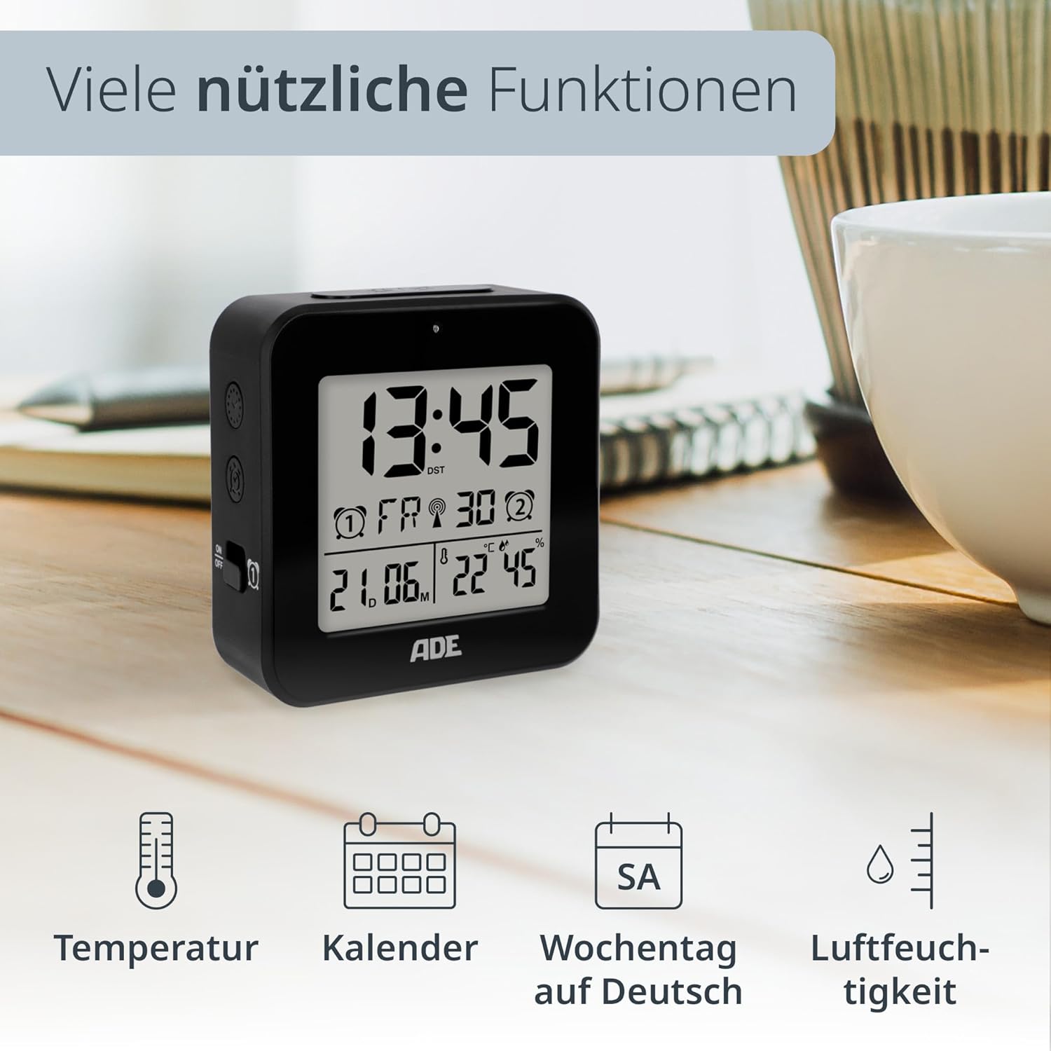 ADE Digital Alarm Clock CK2310-1 displaying multiple functions