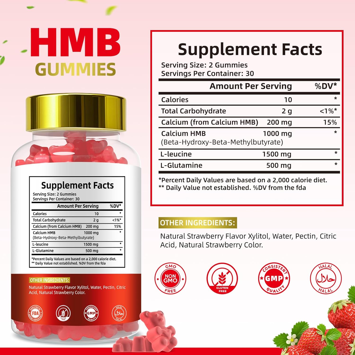 HMB Gummies for Women 1000mg HMB: 1500mg L-Leucine 500mg L-Glutamine Muscle & Bone Support with Calcium Sugar-Free Non-GMO Strawberry Flavor 60 Gummies - Image 2