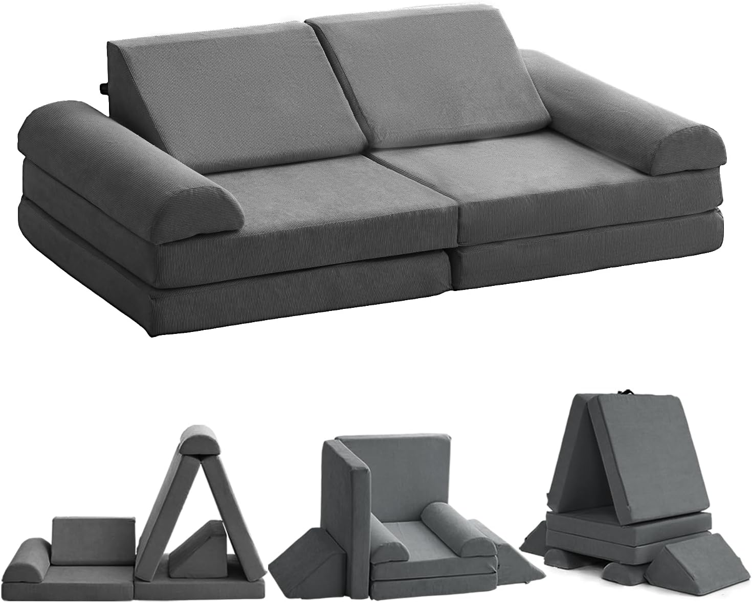 JELA Corduroy Kids Play Couch - Safety Certified Modular Foam Sofa, Machine Washable Cover, Fort Building Set 57x28x18 Inch Dark Grey