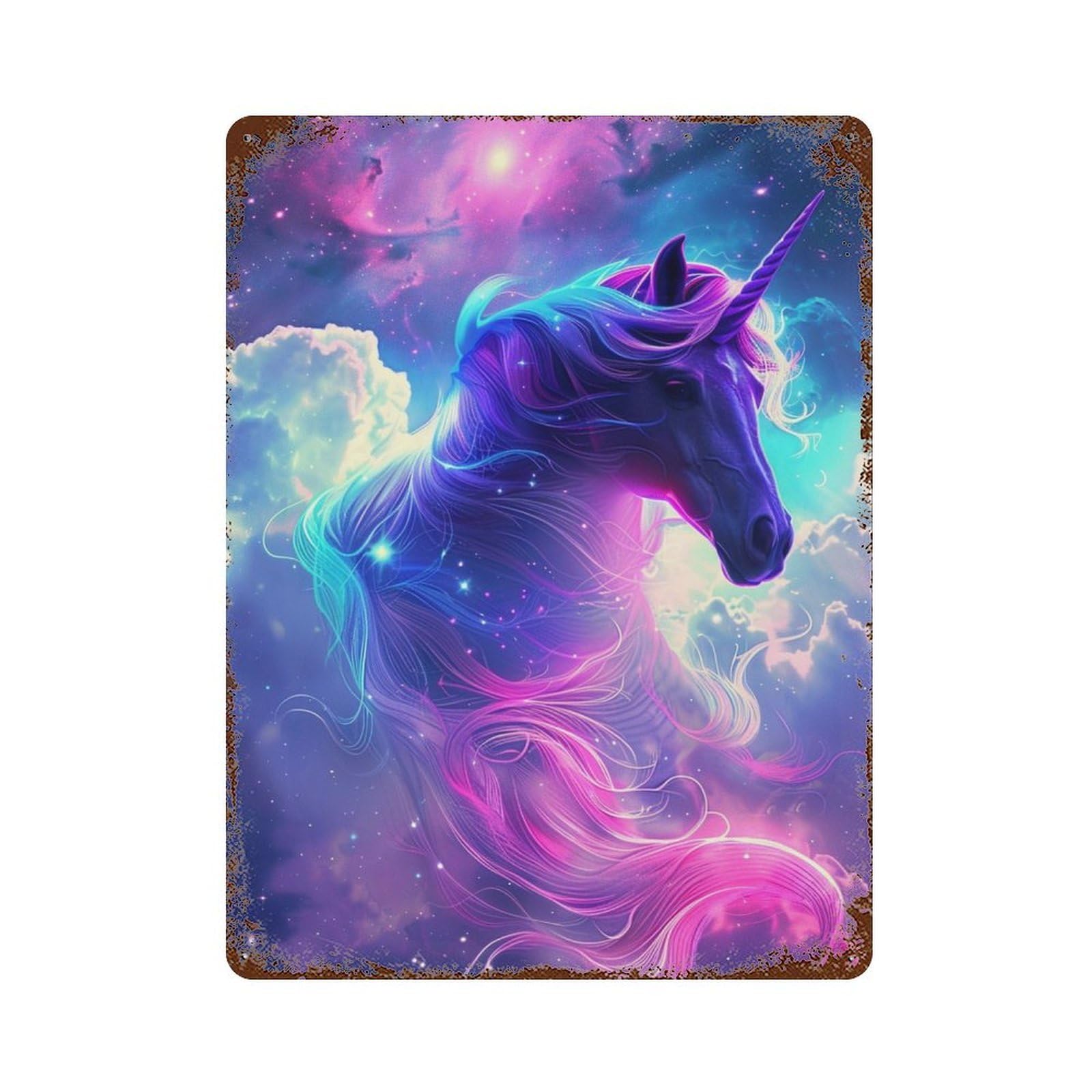Rust Effect Galactic Unicorn Art Print Retro Metal Sign 15.7"x11.8", Novelty Wall Decor for Bistro, Counter And Cafe Decor