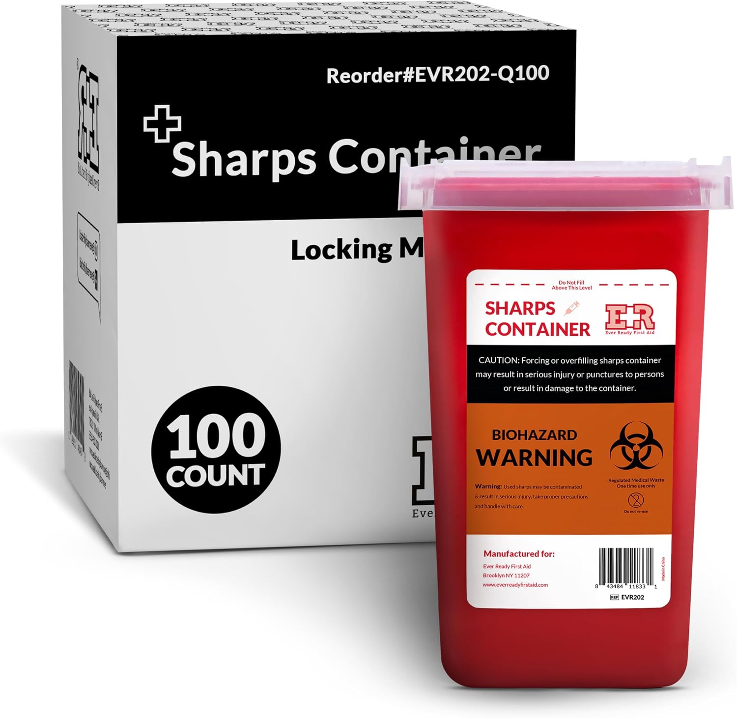 Ever Ready First Aid Sharps Container with Split Lid Design and Locking Mechanism for Sharp Waste Disposal, 1 Quart