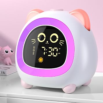 ANALOI Alarm Clock for Kids, Ok to Wake Clock for Kids with Eye Protection Sleep Training Auto Off Feature 10 Night Light Dual Alarm for Bedroom, Kids Alarm Clock Pink Cat Gifts for Girls
