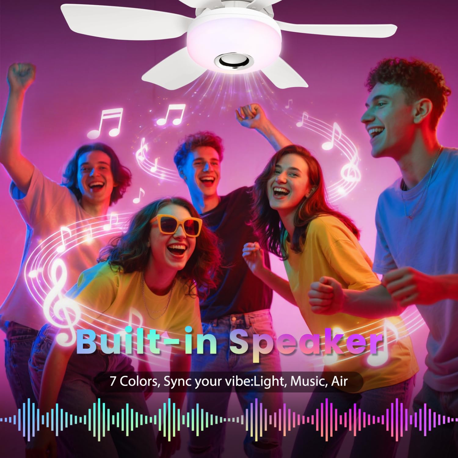 Ventilatore da Soffitto con Luce e Telecomando E27, Con altoparlante, Dimmerabile Plafoniera LED 3000-6500K, Luce ambientale RGB, timer, silenzioso per Camera da Letto, Soggiorno, Cucina