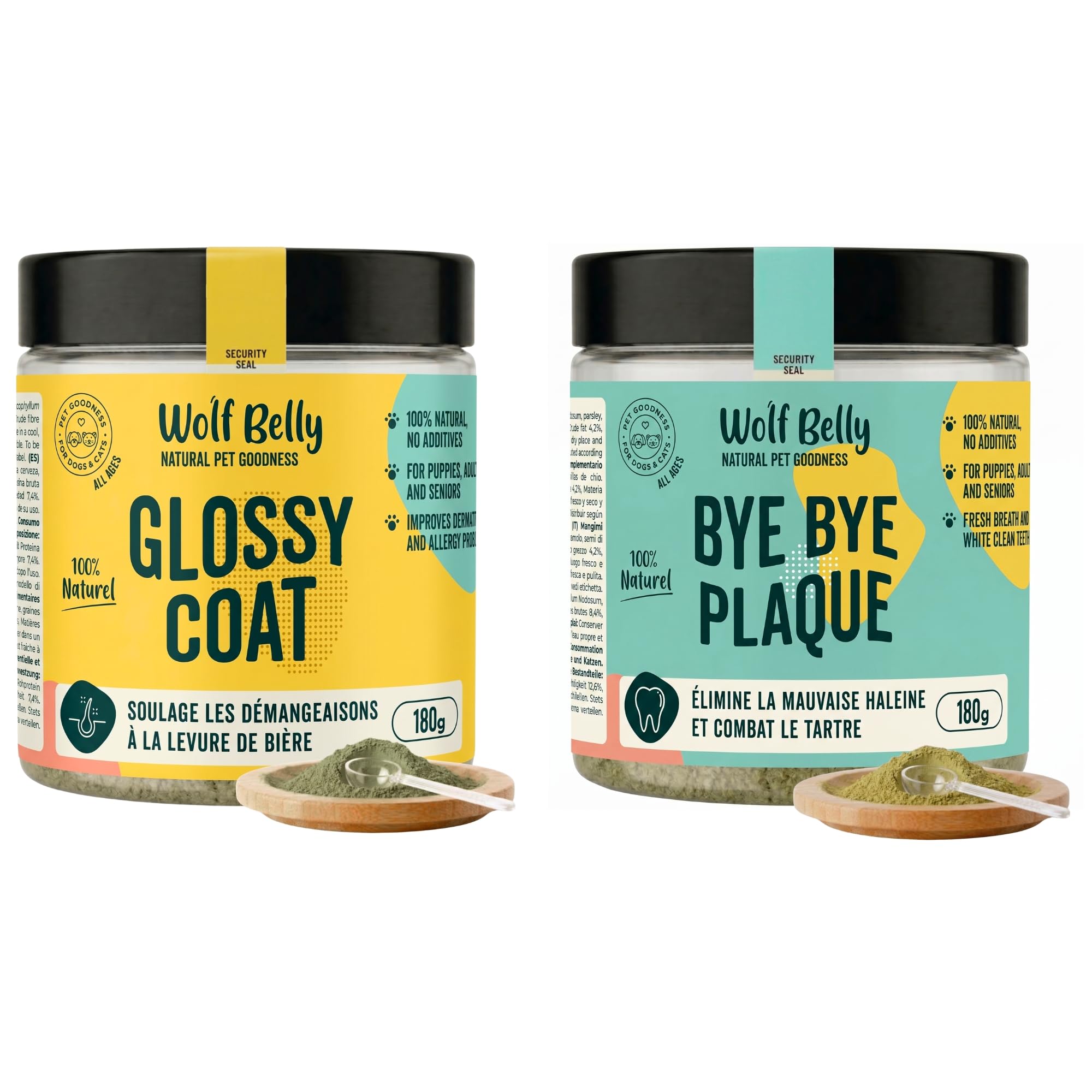 Wolf Belly - Pack Complément Peau et Hygiène Dentaire 100% Naturel (180g) | Anti tartre + Anti demangeaison | pour Chiens et Chats | Format Poudre - Fabriqué en UE