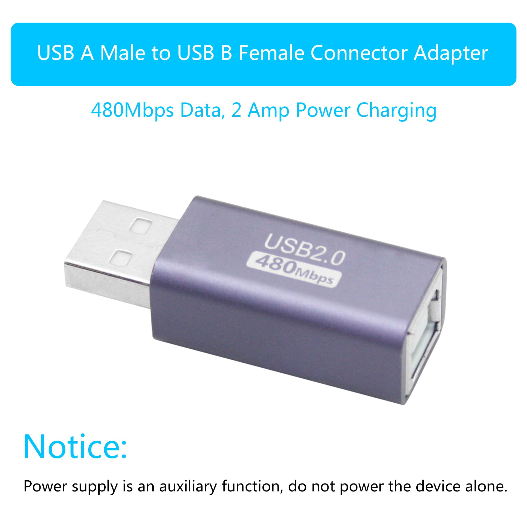 USB 2.0 B Type Connector Adapter, USB A Male to USB B (MIDI) Female Power and Data Extension Adapter, Aluminum Alloy Housing, for Electronic Piano, Printer, Scanner etc, 2Pcs