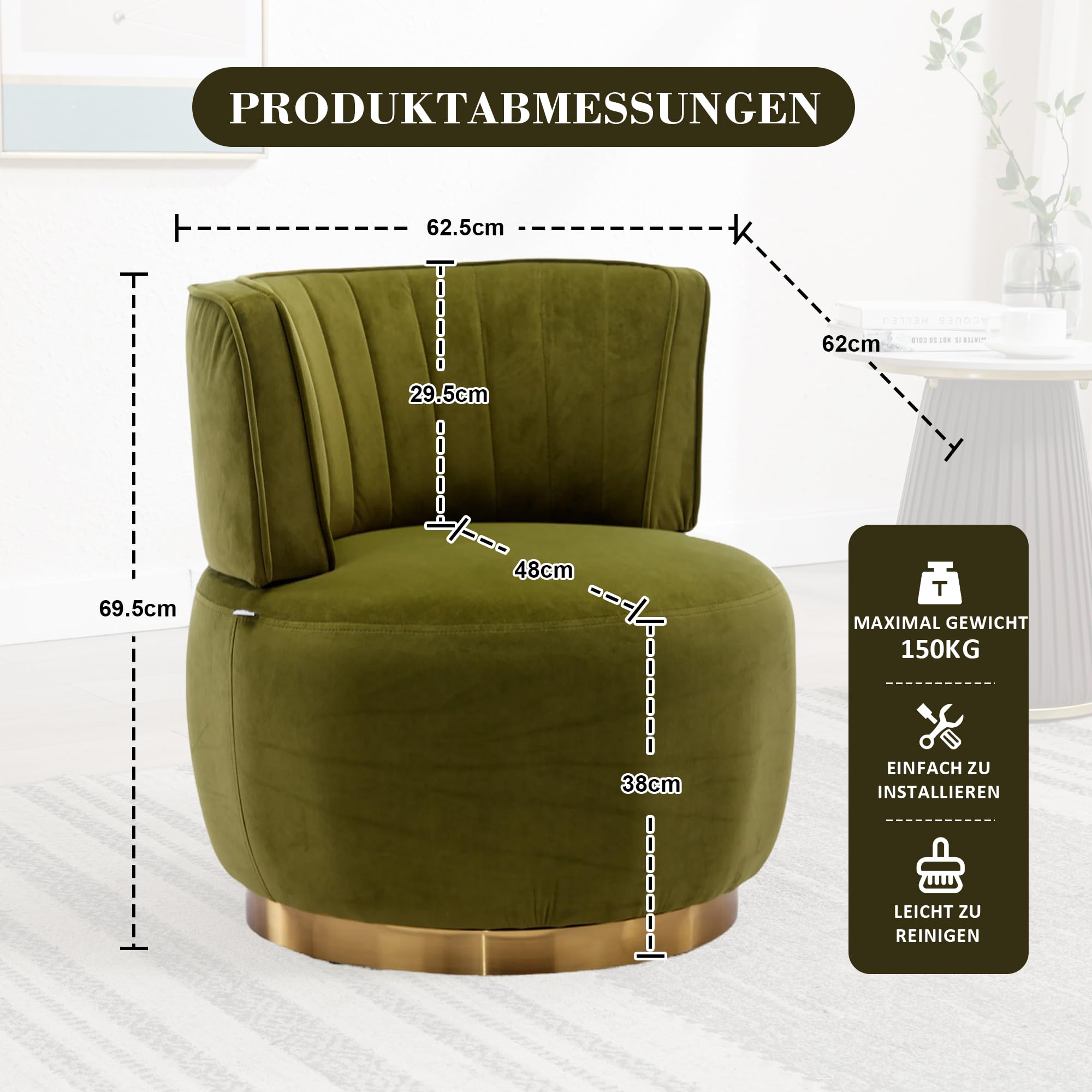 Sedia girevole moderna a 360 gradi, con finitura in velluto morbido, schienale comodo, struttura stabile, adatta per soggiorno, camera da letto, studio, verde oliva