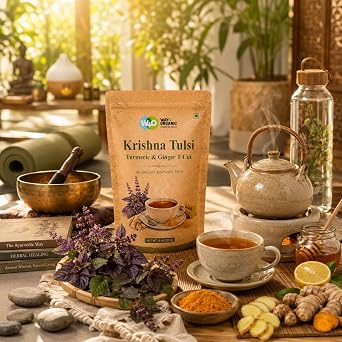 Holy Basil Tulsi Herbal Tea with Ginger & Turmeric, Krishna Tulsi Cut & Sifted Loose Leaf Tea, Caffeine Free, 8 Oz (Pack 1)