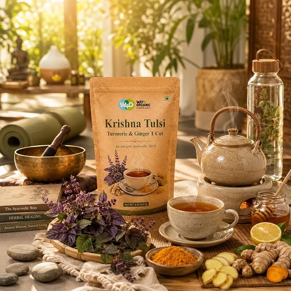 Holy Basil Tulsi Herbal Tea with Ginger & Turmeric, Krishna Tulsi Cut & Sifted Loose Leaf Tea, Caffeine Free, 8 Oz (Pack 1)