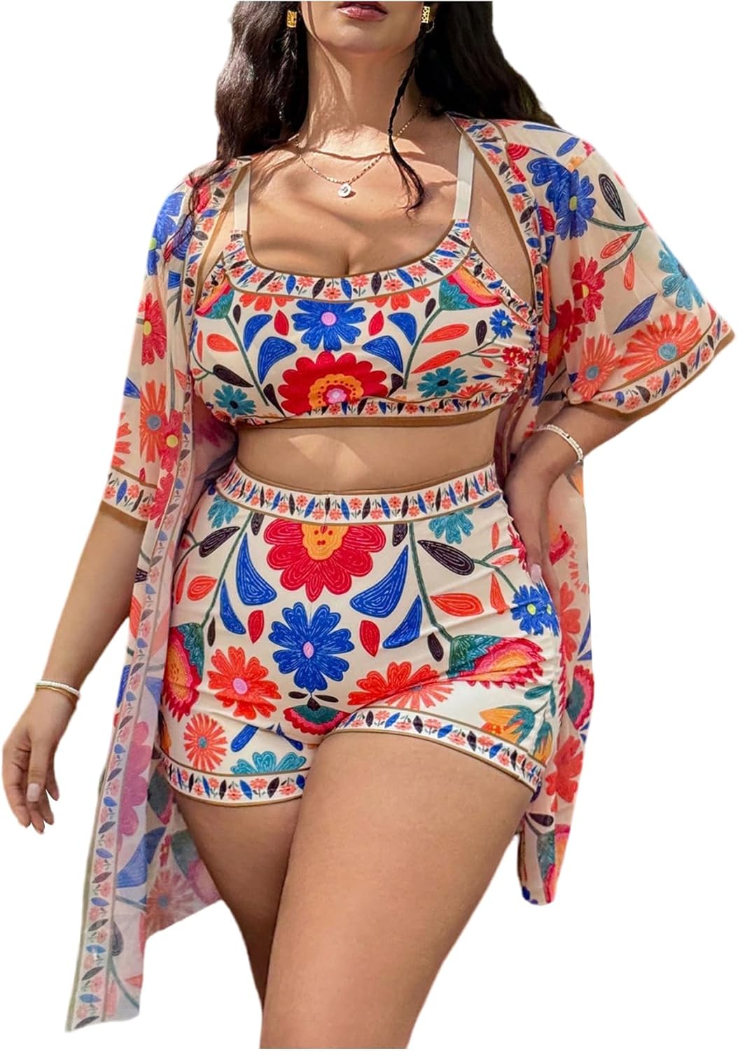 Milumia Women's Plus Size 3 Piece Swimsuits Boho Tropical Print High Waisted Bikini Set with Cover Up Kimono