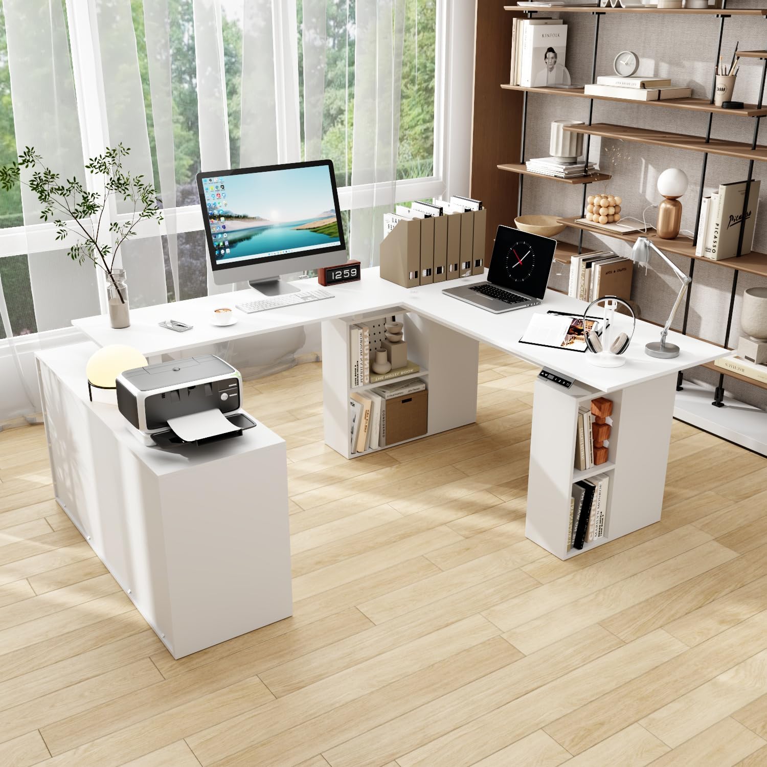 WOODTIME U-Shaped Electric Standing Desk with Drawer, Doors & Open Shelves, Height Adjustable Home Office Computer Stand up Desk with Storage, White