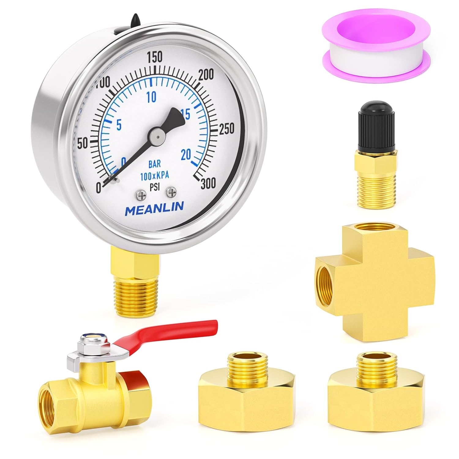 MEANLIN MEASURE 0~300Psi Air Over Water Test Kit, Stainless Steel 1/4" NPT 2" FACE DIAL Pressure Gauge for Leak Detection and Pressure Testing Lower Mount, with 3/4" GHT Brass Fitting and Ball Valve