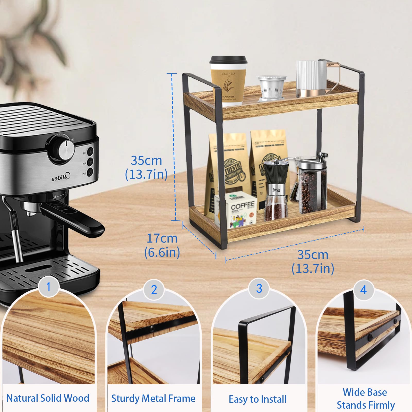 Gzsekken 2-Tier Coffee Bar Organiser, Minimalist Wooden Coffee Station, 2 Pack, Natural-2pack, 35cm x 17cm x 35cm - Image 3