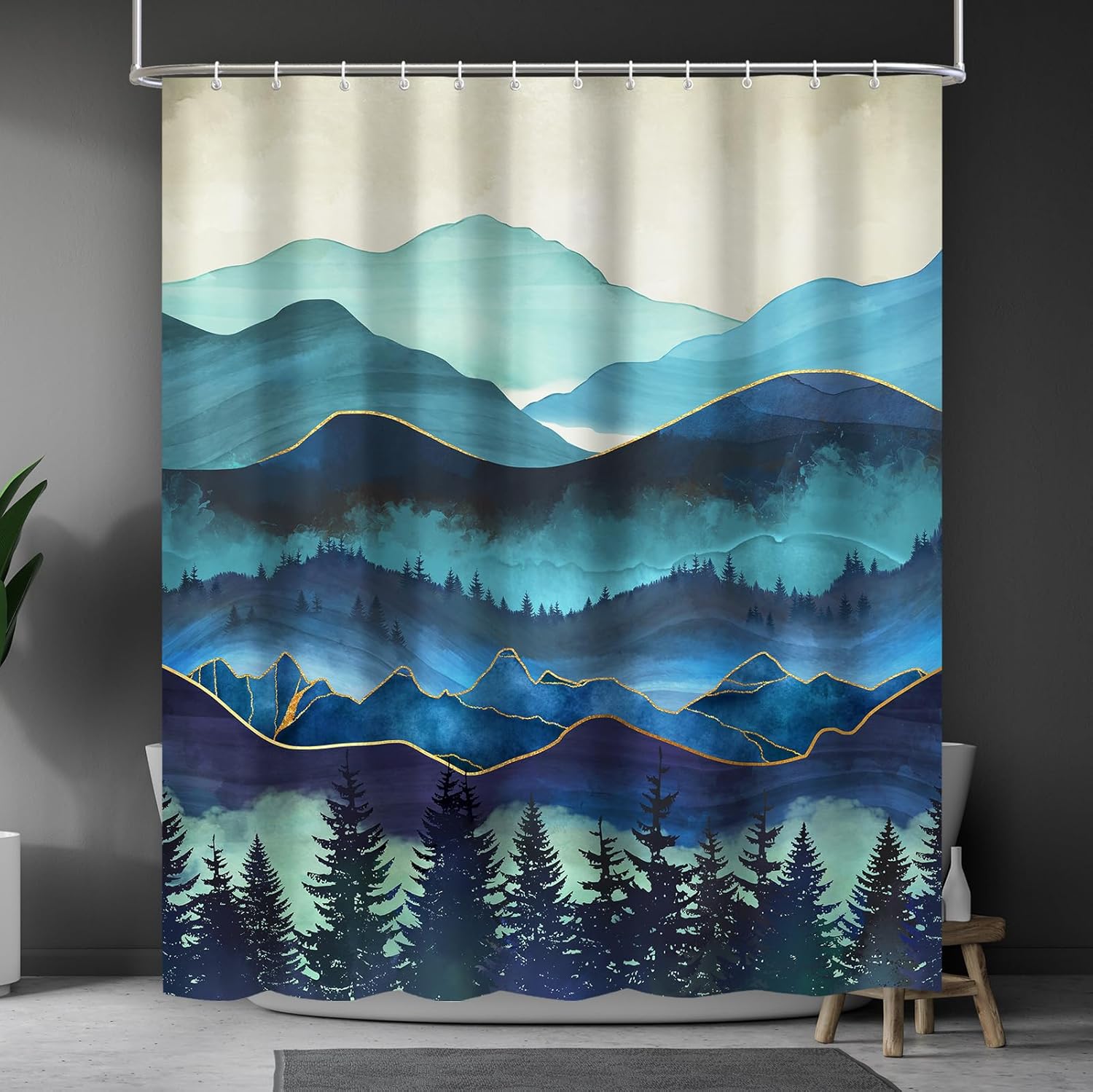 Lokigo Extra Long Shower Curtain Teal Forest Tree 72" W x 84" L, Sage Green Tall Shower Curtains Natural Mountains for Bathroom Decor Waterproof Fabric Shower Curtain with 12 Hooks