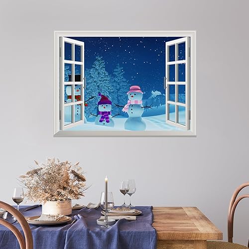 Miniatura 3 de wall26 Adhesivo de pared removible/mural de dibujos animados de muñecos de nieve fuera de la ventana en Nochebuena, adhesivo mural de pared para