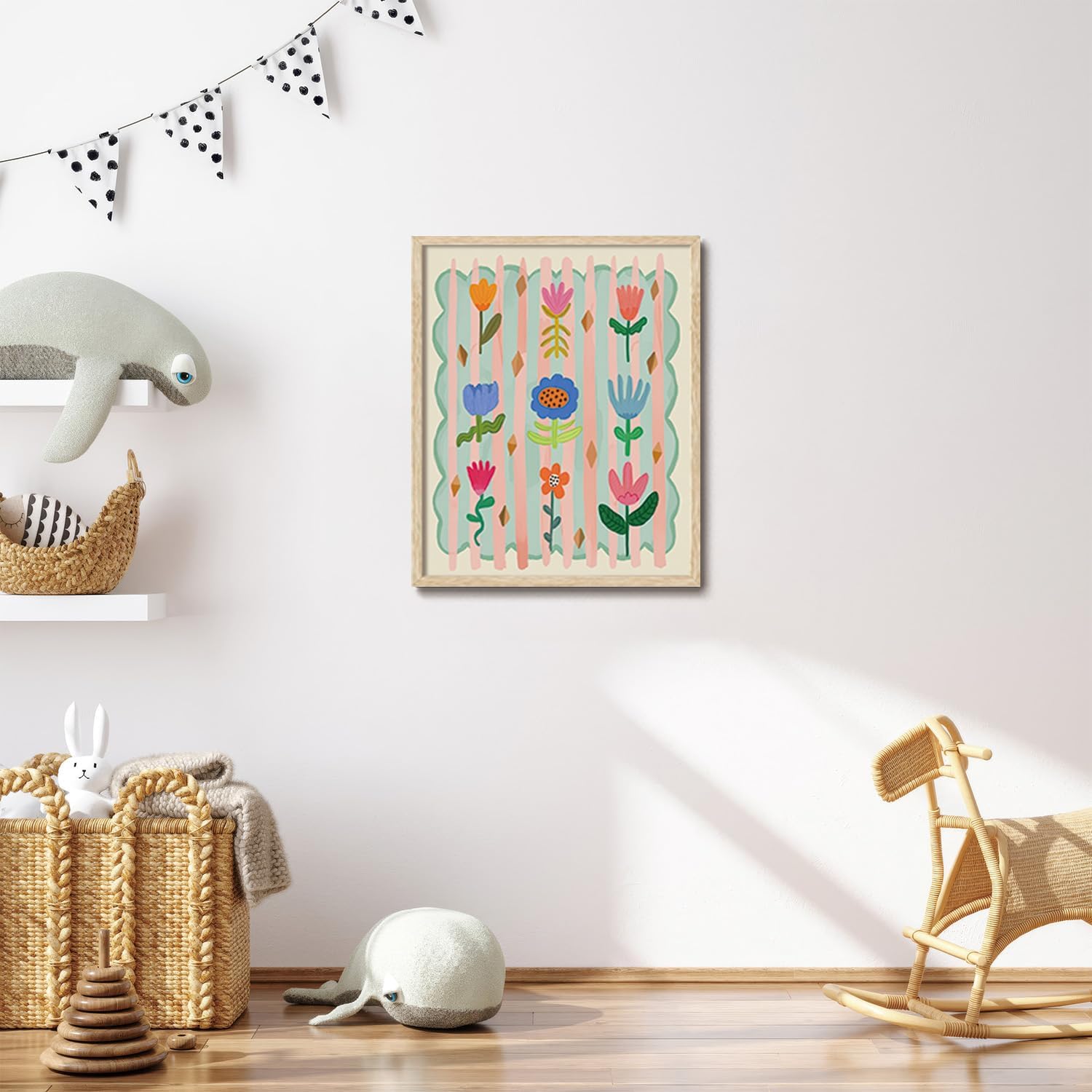 KISSFOX OAK Wood Framed Wall Art Flowers Wall Decor Whimsical Canvas Art Floral Pictures Cute Paintings Colorful Artwork Boho Prints For Nursery Kids Children Playroom Boys Girls