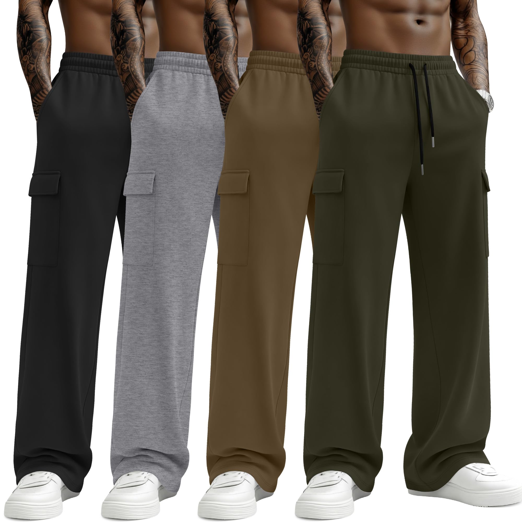 4 Pack Mens Big and Tall Lightweight Cargo Sweatpants Baggy Wide Leg Pants Open Bottom Joggers with Pockets