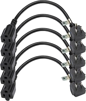 CableCreation [5-Pack] 1 Foot Short Power Extension Cord,16 AWG Angle Power Extension Cable Cord for NEMA 5-15R to NEMA 5-15P, 0.3M / Black