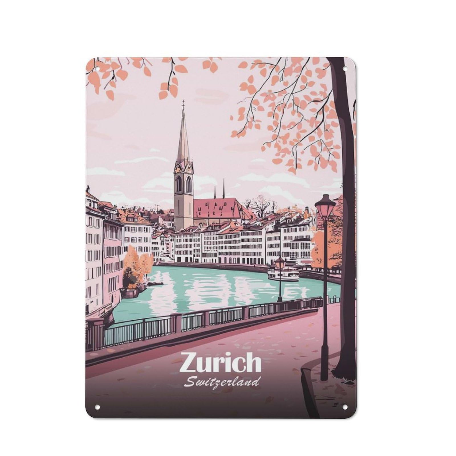 Junmoney Style-6 Zurich Cityscape Illustration Printed Metal Sign 40X30cm For Guest Room Or Hallway, For Kitchen, Dining Room And Home Bar Wall Decor