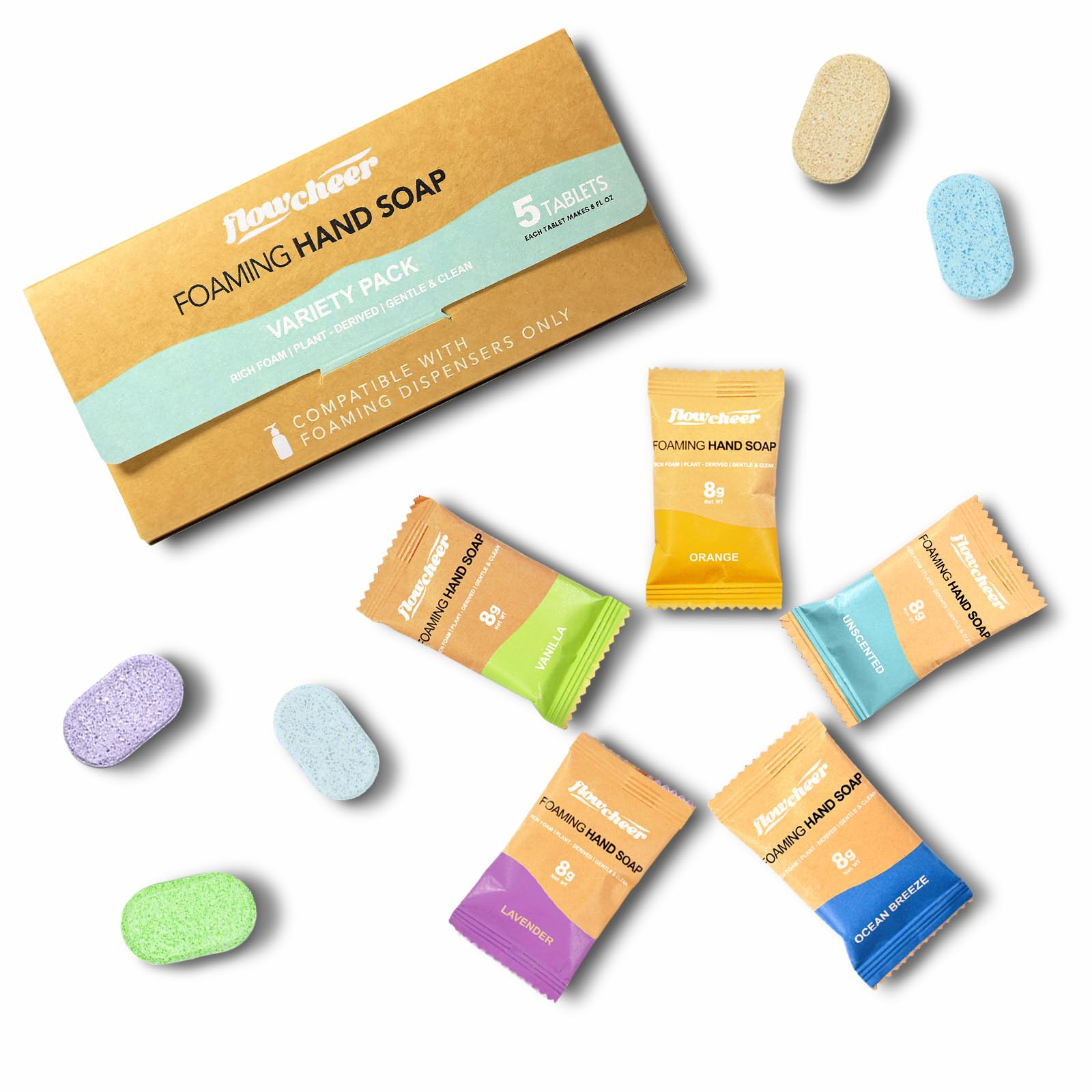 flowcheer Foaming Hand Soap Tablet Refills-5 Sample Pack Hand Wash Tablets, Zero Waste Eco Friendly Cleaning Supplies-Fills 5 X 8 fl oz Refillable Foam Dispenser(40 Fl oz total)