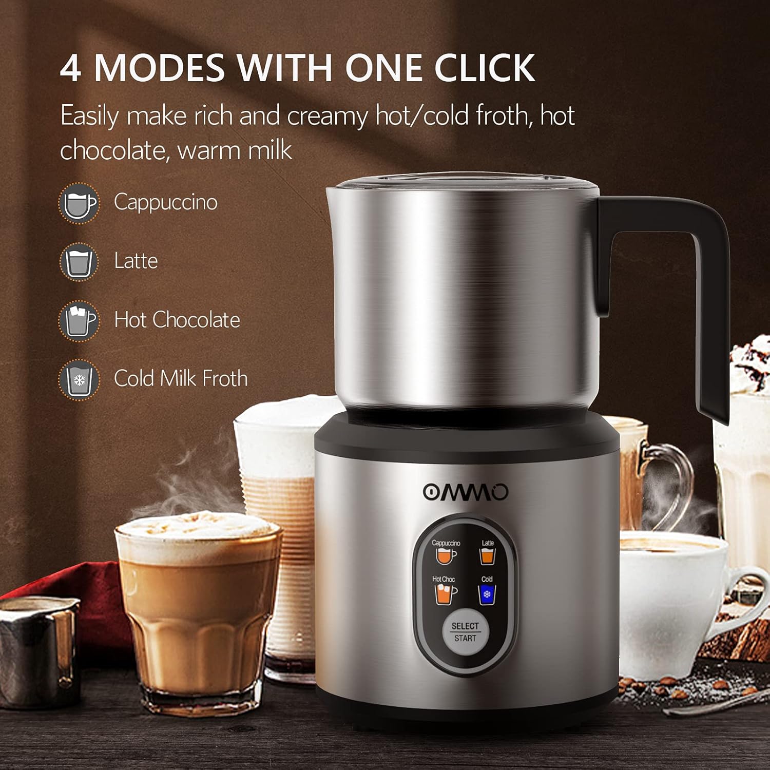 Milk Frother, OMMO Detachable Milk Frother and Steamer with Hot & Cold Foam, Stainless Steel Milk Steamer, Electric Milk Frother for Coffee, Latte, Cappuccino, Hot Chocolate, Warm Milk, 120V : Home & Kitchen