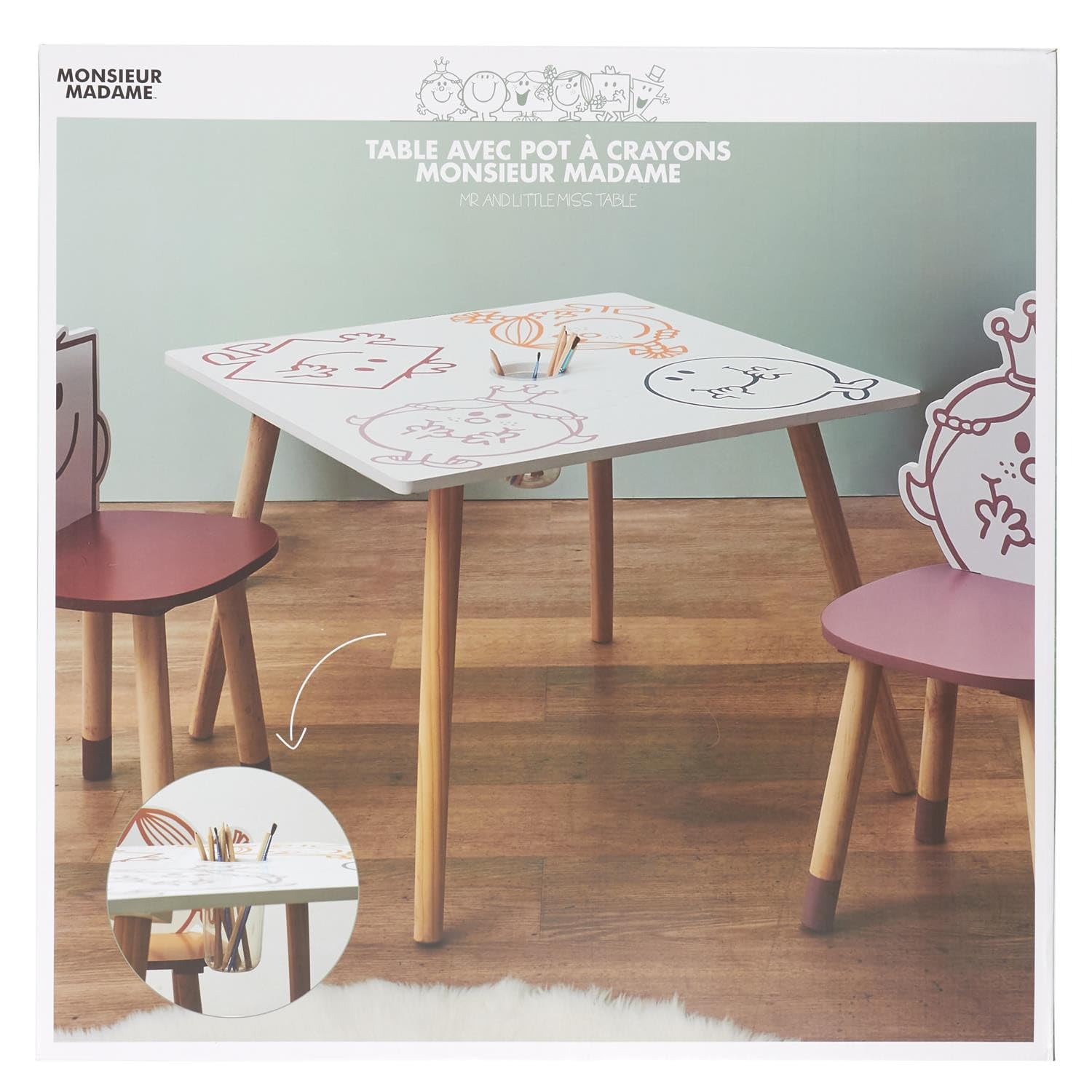 MONSIEUR MADAME - MM3369 Table Enfants avec Pot à Crayon Intégré - MDF et Pin - Dimensions 60 x 60 x 44 cm - Design Multicolore - pour Chambre ou Salon