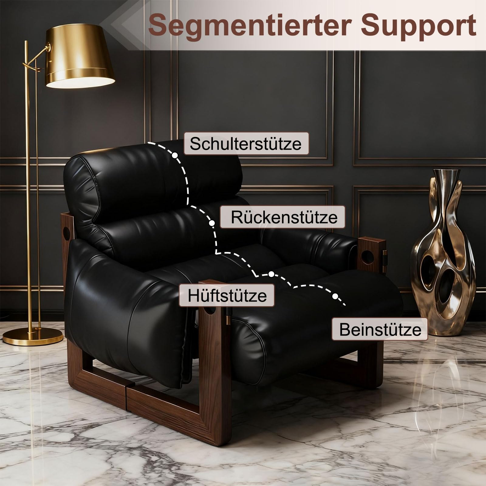 Mid-Century Retro Loungesessel, Ölwachsleder Gepolsterter Relaxsessel mit Massivholzrahmen, Ergonomischer Einzelsofa mit Armlehnen, Bequemer Lazy Sofa Sessel fürs Wohnzimmer Schlafzimmer Schwarz 120kg